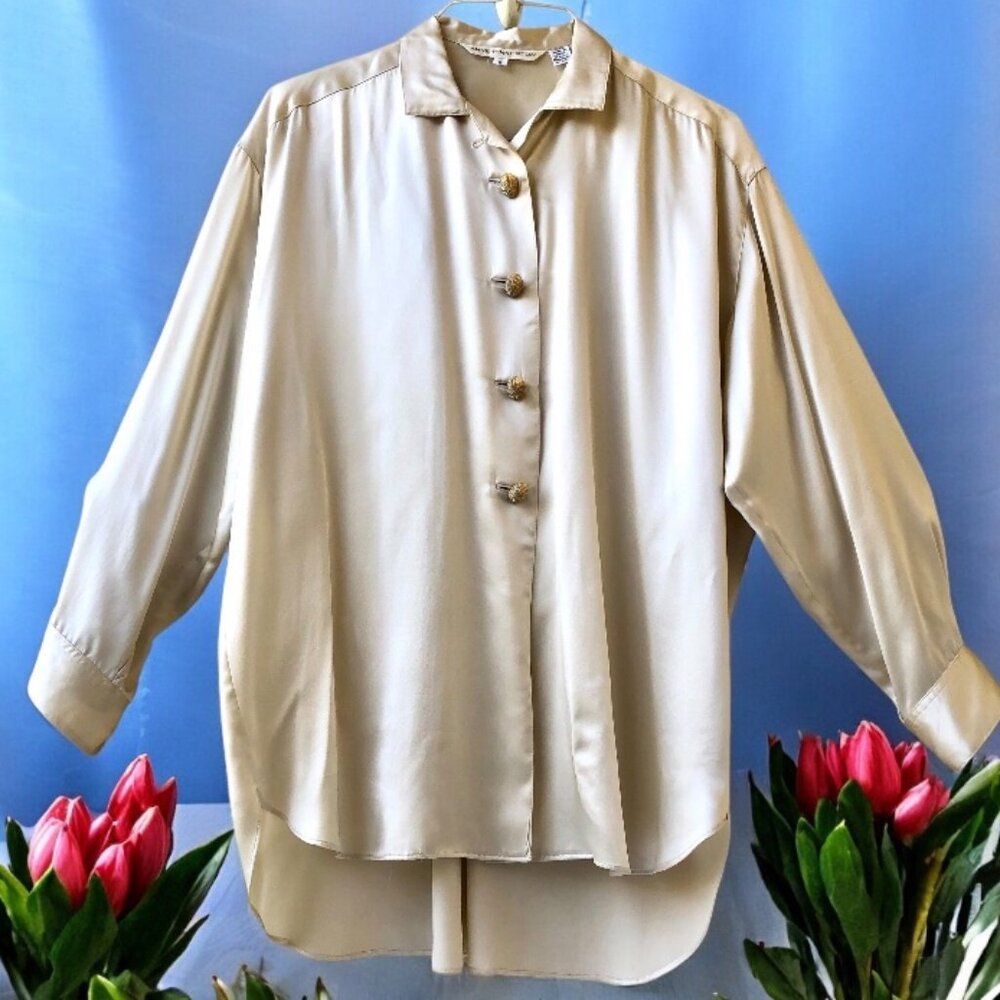 Anne Pinkerton Vintage 8O’s Korea Silk Button Down Blouse Shirt OVERSIZED